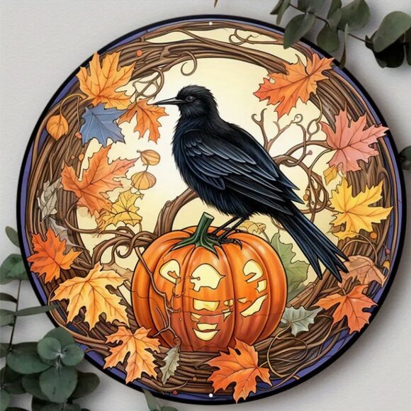 Other - 1pc 8"x8" Aluminum Sign Autumn Theme Fall Wreath Sign Orange Pumpkin and Crow